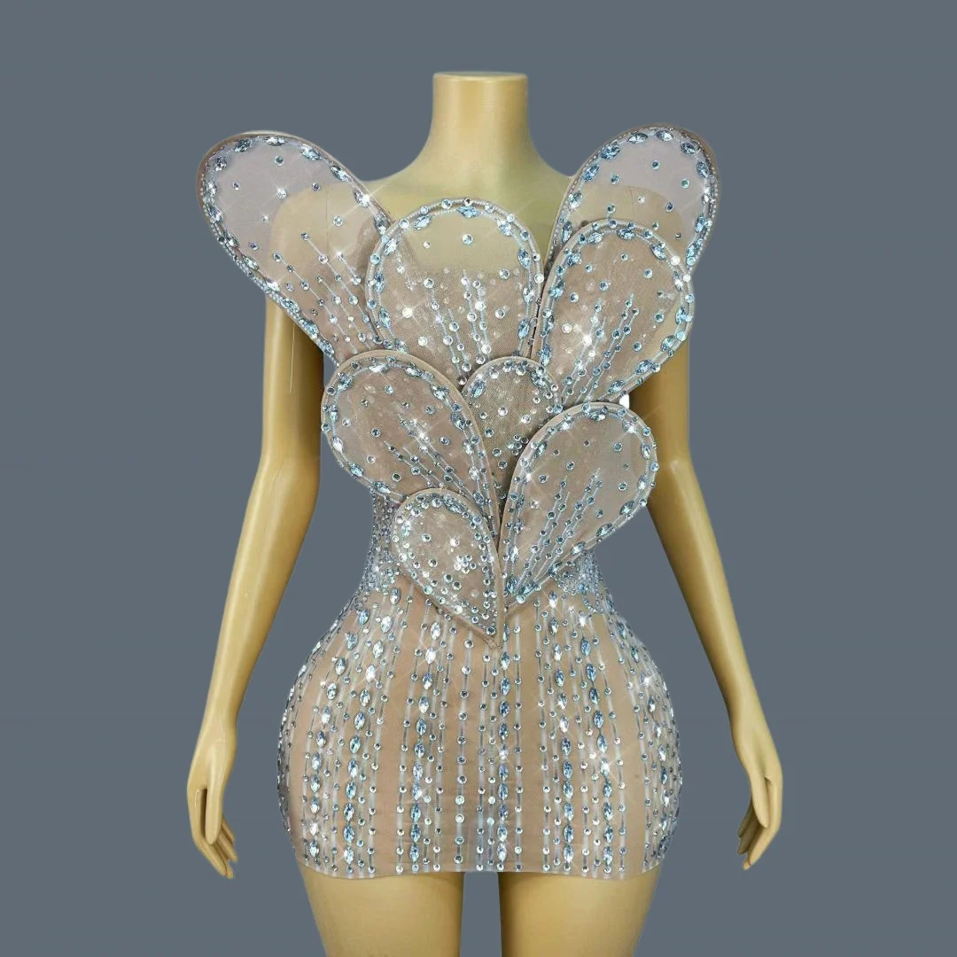 

High-end Sparkly Silver Crystals See Through Mesh Dress 3D Cocktail Dress Designer Luxury Sexy Women Mini Evening Dress Yehuaban