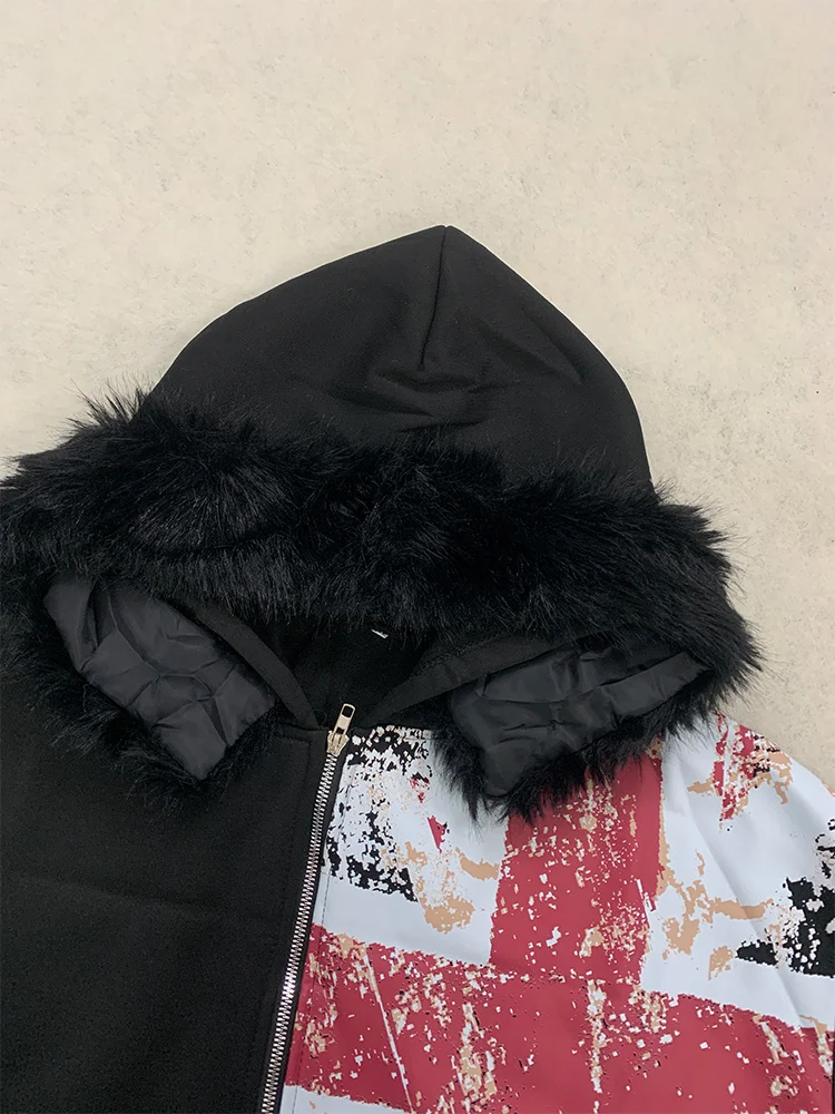 Damen-Winterjacke Retro Gothic Grafikdruck Pelzkragen Loser Reißverschluss-Sweatshirt Amerikanischer Harajuku Punk Casual Hoodie – Detail 4