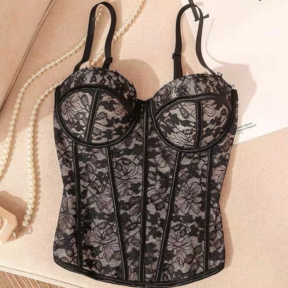 Mesh Flower Slim Lace Crop Top Sleeveless Bottoming Shirt Women Vest Sling Top Fishbone Spicy Girls Style Camisole with Pads