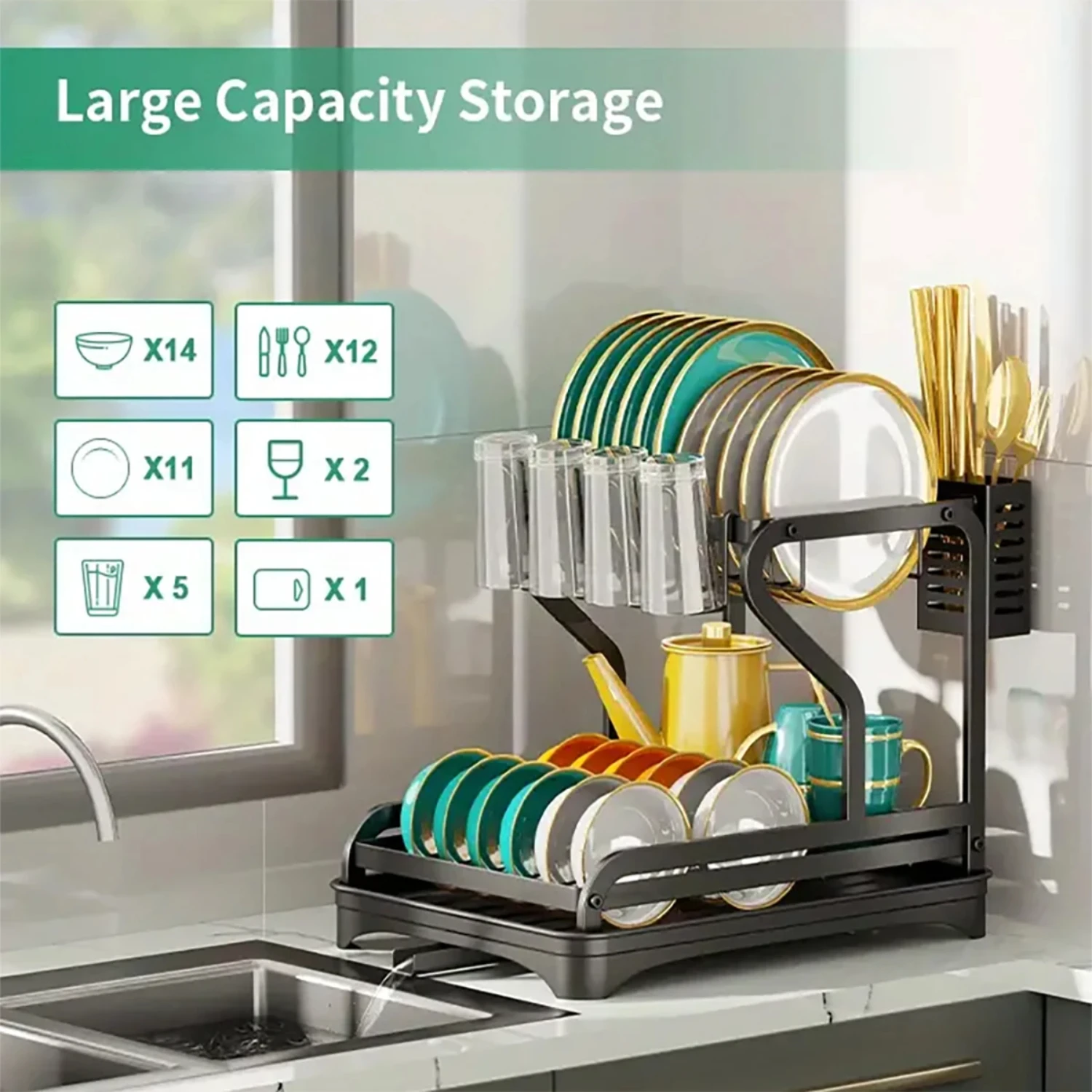 2-Tier Dish Rack with Drainboard  Dish Drying Rack with Utensil and Cup Holders -  Drying Rack  Dishes, Knives, Spoons