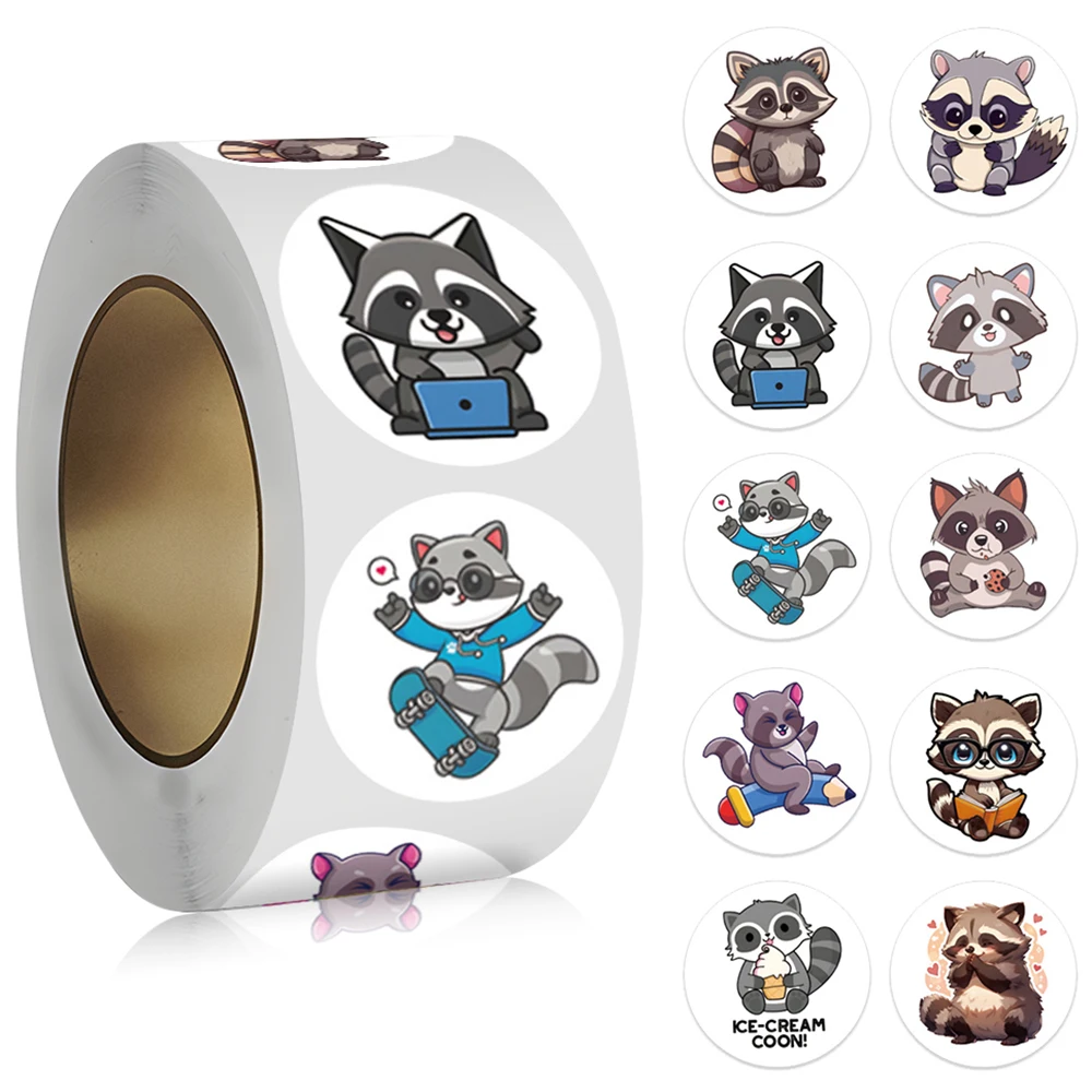 500pcs/roll Cartoon Little Raccoon Doodle Stickers Decor Luggage Laptop Helmet Skateboard Kids Toys Seal Label Rewards Sticker