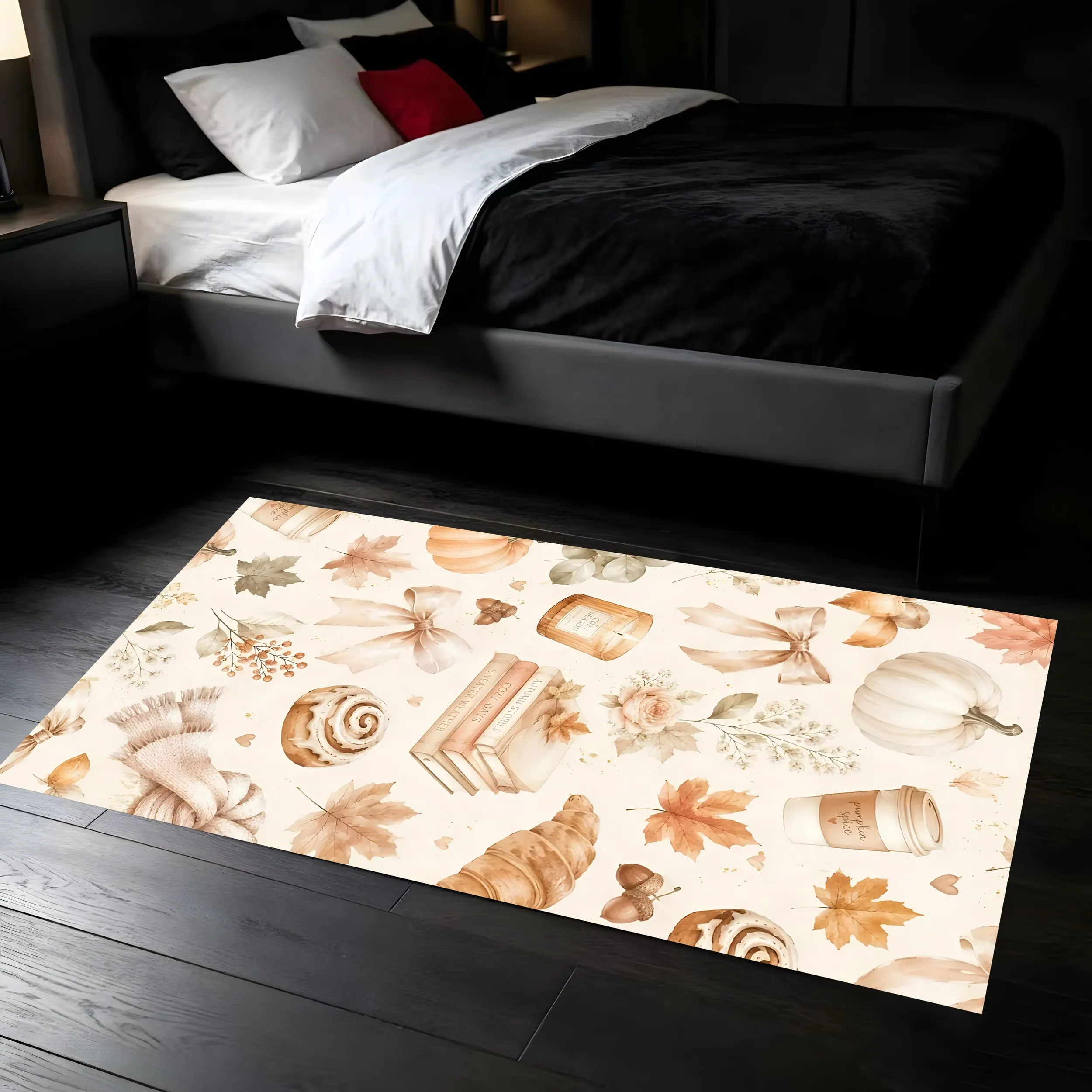 Autumn Watercolor-Style Long Carpet, Pumpkin Dessert Maple Leaf Bow Pattern, Warm Retro Vibe, Soft Carpet for Entryway, Hallway, Bedroom, Autumn and Winter Decor