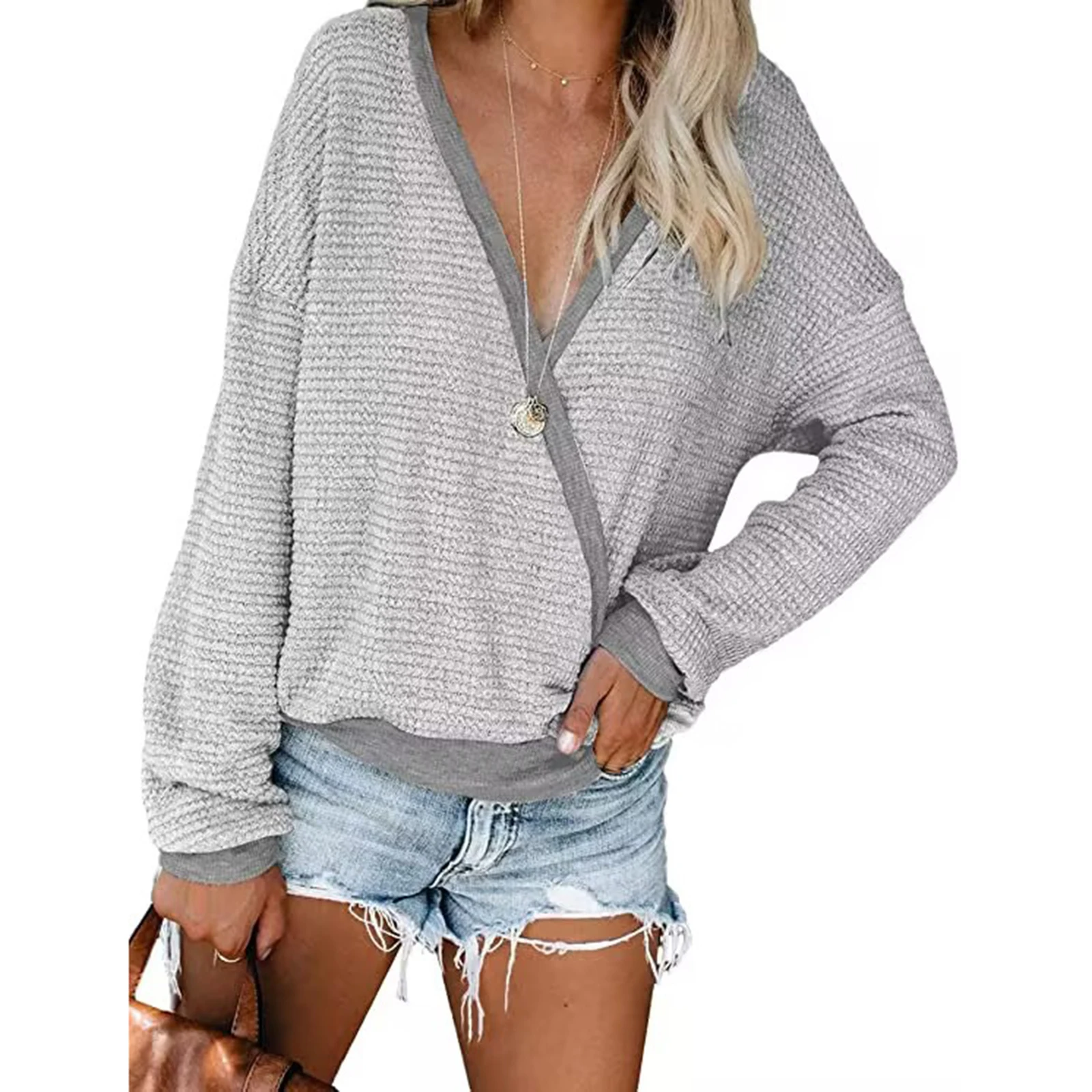 Women's Casual Loose Knit Tops V-Neck Contrast Color Long Sleeves Wrap T-Shirt Spring Autumn Trendy Simple Pullover 2024 New