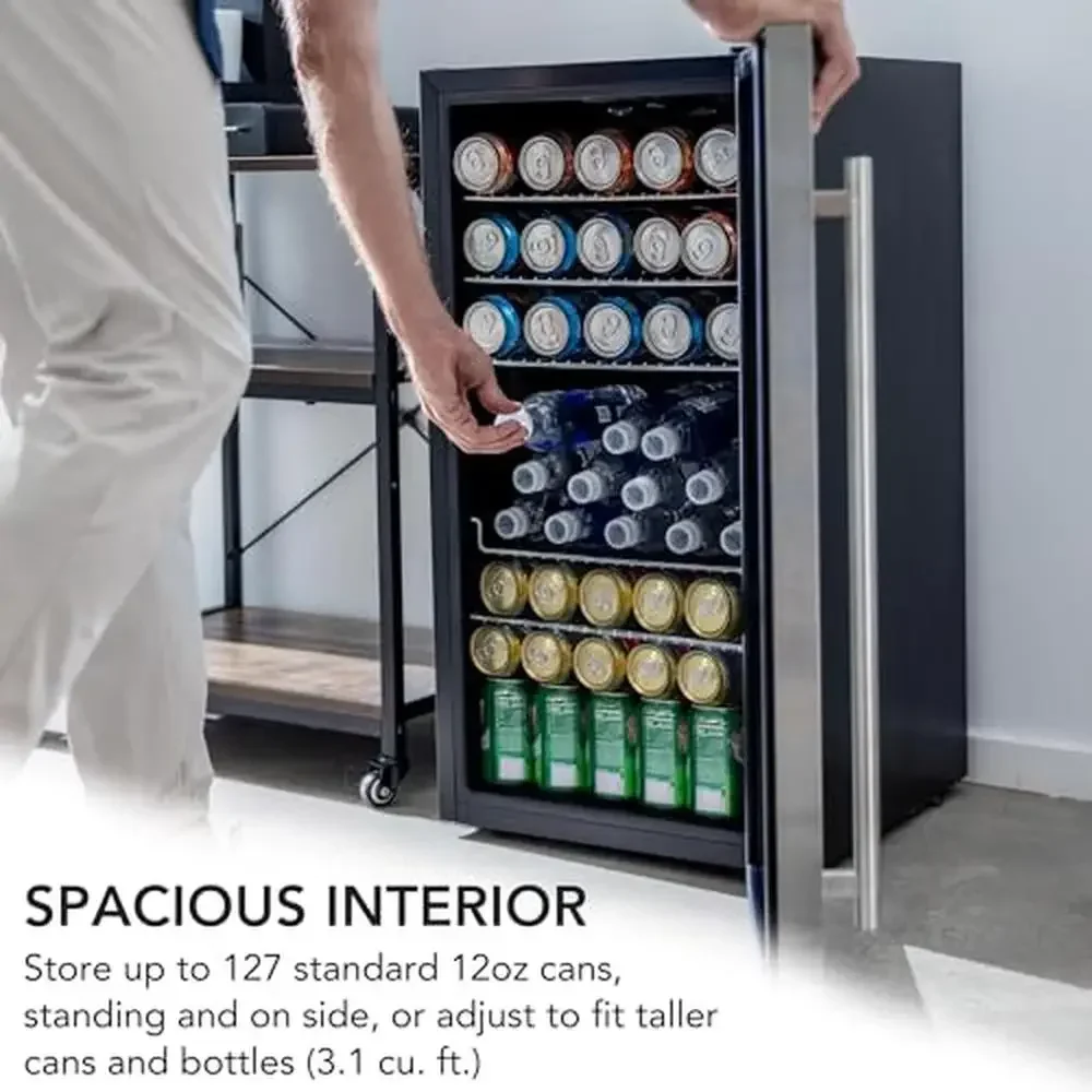 120캔 유리문 음료 냉장고 3.1 Cu Ft 미니 냉장고 스테인레스 스틸 BR-130SB 독립형 강력한 냉각 UV 안전