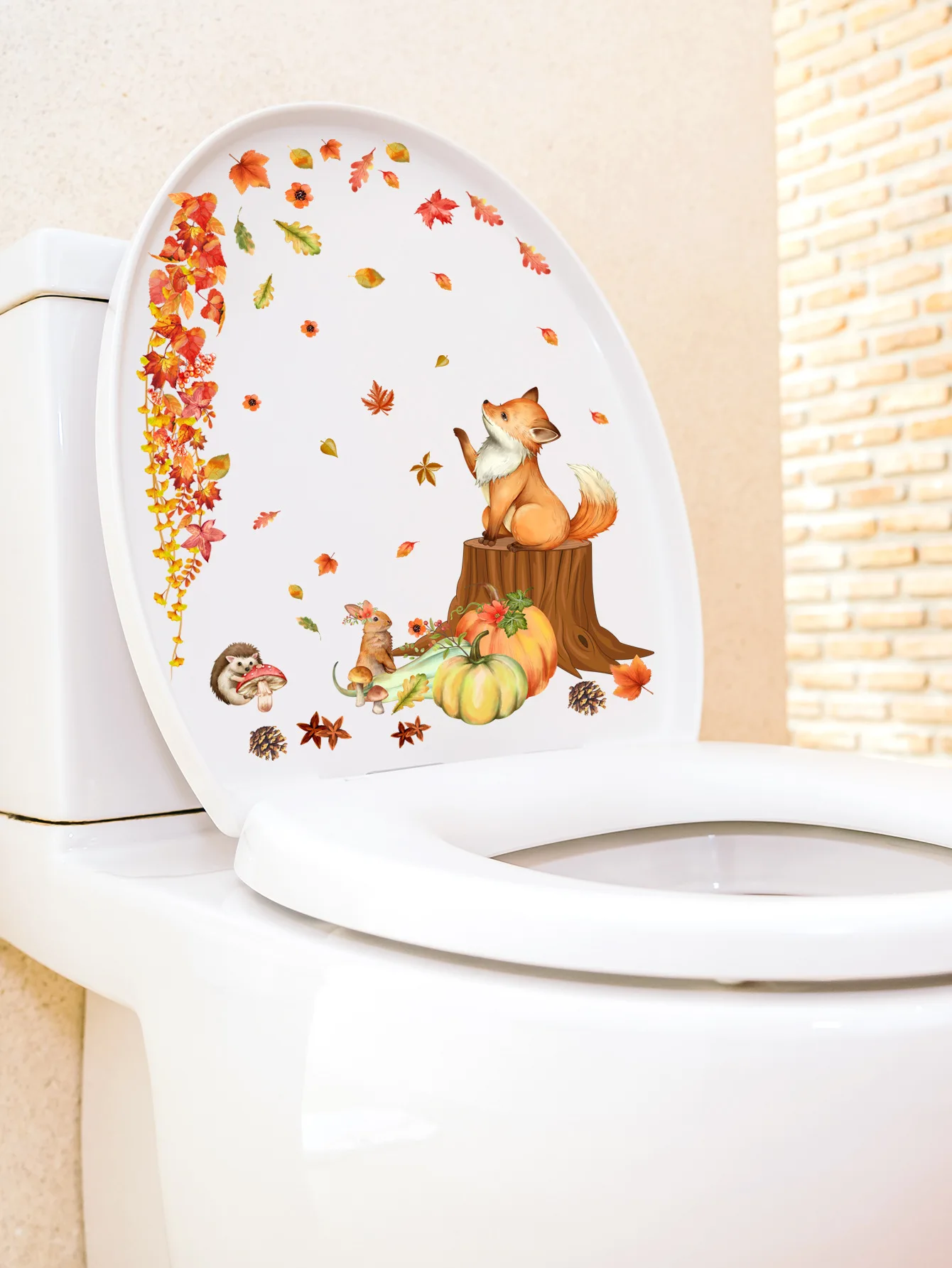 Bathroom Toilet Stickers Modern Minimalist Fox, Squirrel, Pumpkin, Maple Leaf Self-adhesive Paintings For Bathroom Decorations