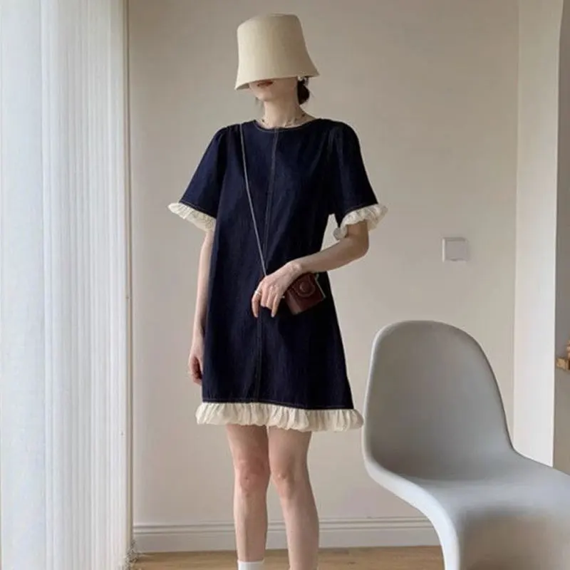 Short Sleeve Lace Denim Dresses Summer Korean Female Clothing Design Stylish Folds Spliced Loose Vintage Straight Mini Dress