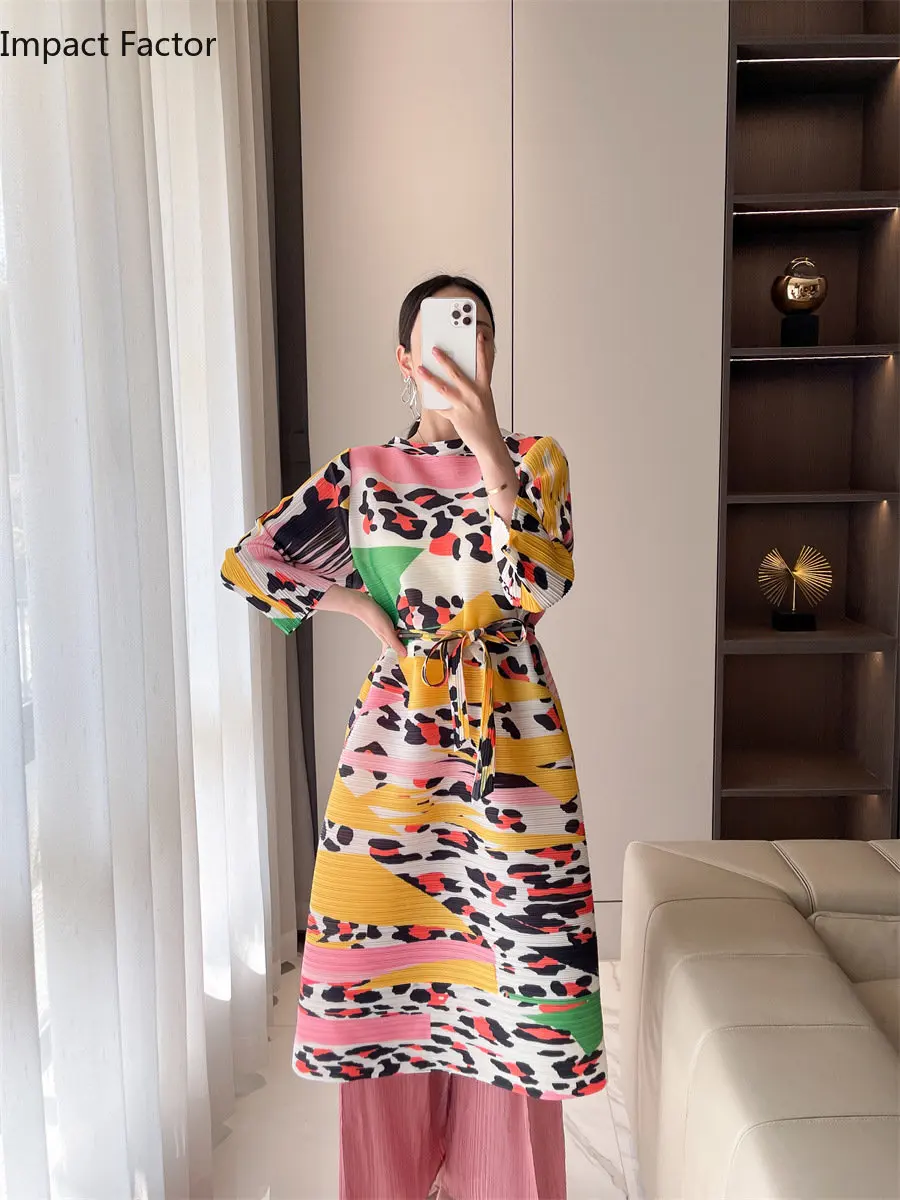 2024 Spring New Arrival Women Leopard Print Pleated Dress with Ribbon Elegant and Graceful Long Dresses for International Trade