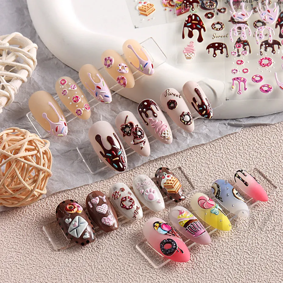 5D stereoscopico Dessert Nail Art Pink Donuts Cake Candy Ice Cream Chocolate Nail Stickers Kawali Cartoon Decoration LEJI-5D50