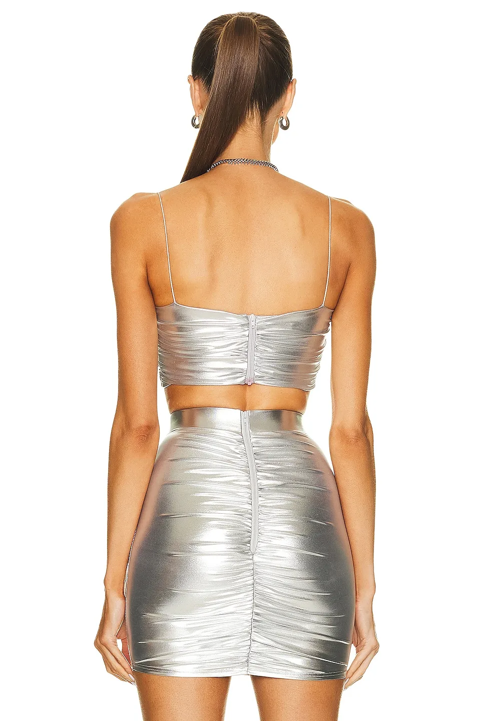 VC Silver Two Pieces Set Women Slim Sexy Spaghetti Strap Sleeveless Crop Tops And Mini Skirt Suit Fashion Party Outfits