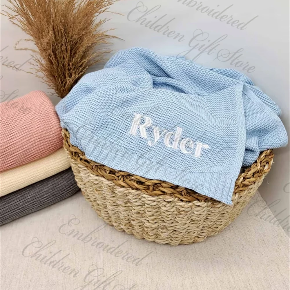 Personalized Baby Gift Baby Shower Party Blanket Custom Baby Birth Gifts Embroidered Name Stroller Solid Color Knitted Blankets