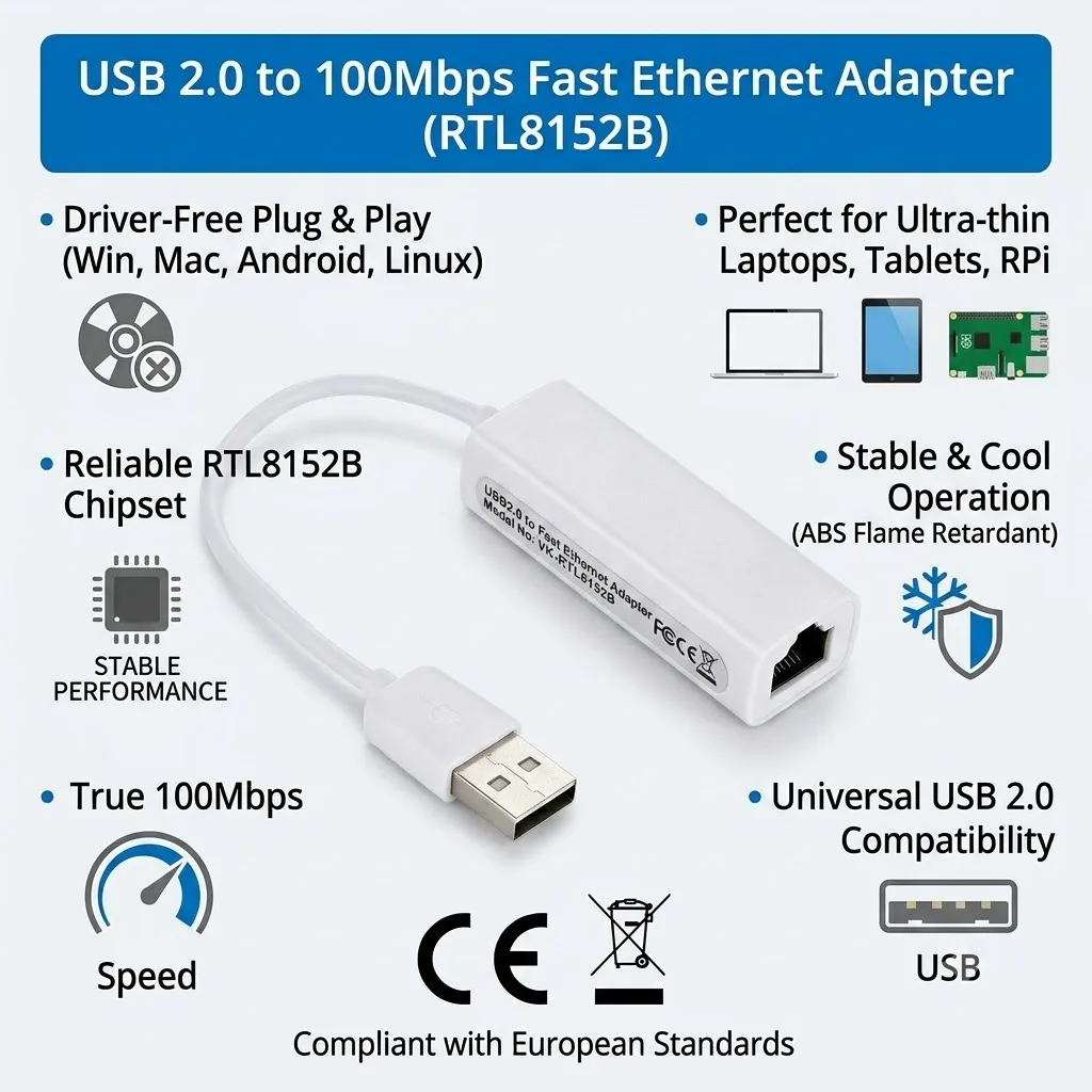 100Mbps USB 2.0 To RJ45 Wired Network Card Ethernet Lan Adapter Network Card for PC Laptop Computer TV Box Windows 7 8 10 11