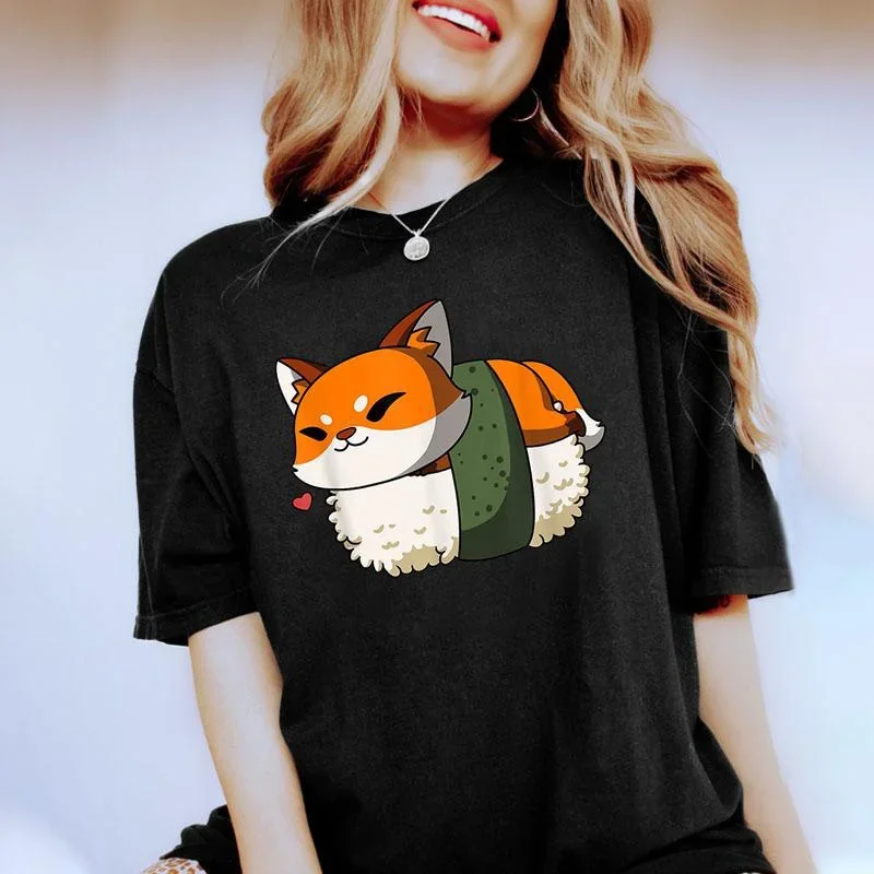 Harajuku T-shirts Sushi Fox Print Funny Cartoon T Shirt Women Ullzang Fashion T-shirt 90s Kawaii Tshirt Graphic Top Tees Female