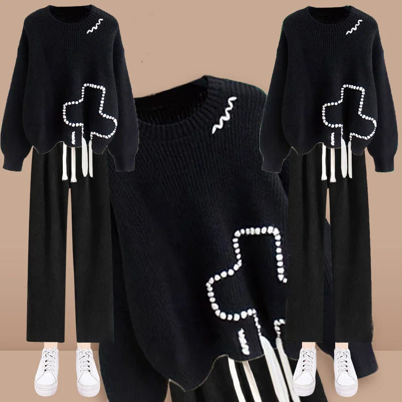 

Women's Autumn Winter Suit 2023 New Fashion Loose Pullover Sweater High Waist Black Wide Leg Pants Two Piece Set Fashion