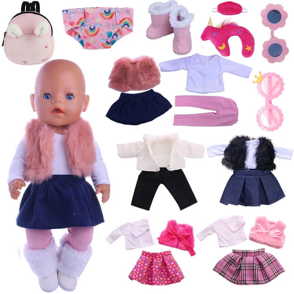 Doll Clothes Plush Jacket White T-shirt+Skirt For 18Inch American Doll&43Cm Reborn Baby Doll Accessory Our Generation Girl's Toy