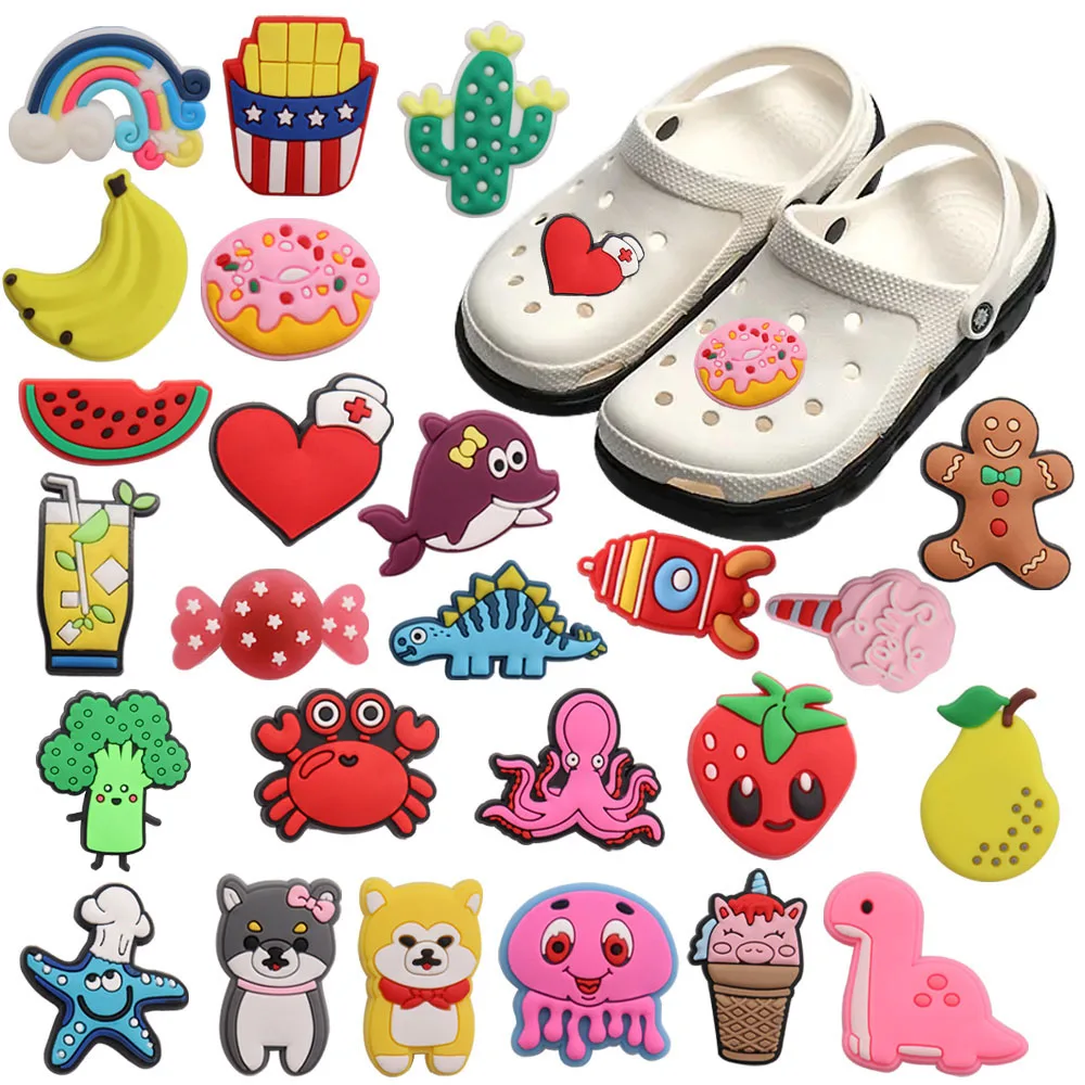 1-25pcs Rainbow French Fries Octopus Banana Dogs Lovely Shoe Charms DIY Kids Clogs Fit Buckle Decorations Holiday Gift