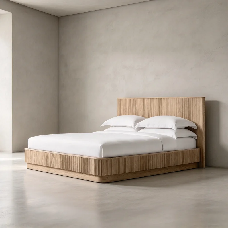 Oaken American Style King Size Bed Oak Fluted Platform with Vertical Reeded Headboard Low Profile Wooden Bed Frame for Minimalis