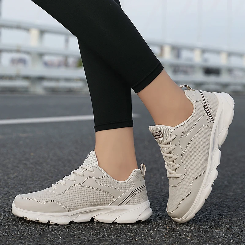 Zapatillas de correr de cuero PU con cordones para mujer, zapatos