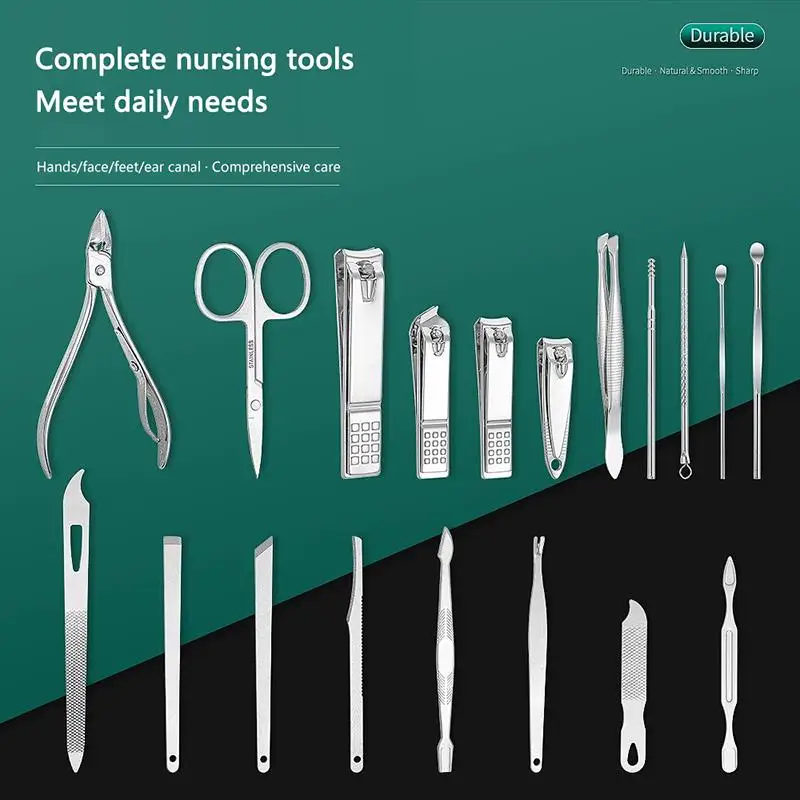 8/19Pcs Stainless Steel Nail Clipper Set Diagonal Nail Clippers Ear Pick Spoon Pedicure Manicure Tool Complete Nail Art Kit