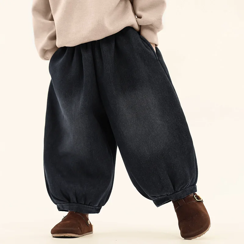 Boys' Fleece Jeans Winter Style Children's One-piece Fleece Lantern Pants