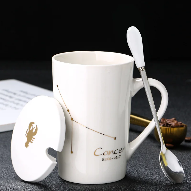 Creative and Personalized Ceramic Mug, Twelve Constellations Coffee Cup with Lid, Spoon, Couple Water Cup, Gift, Household Cup