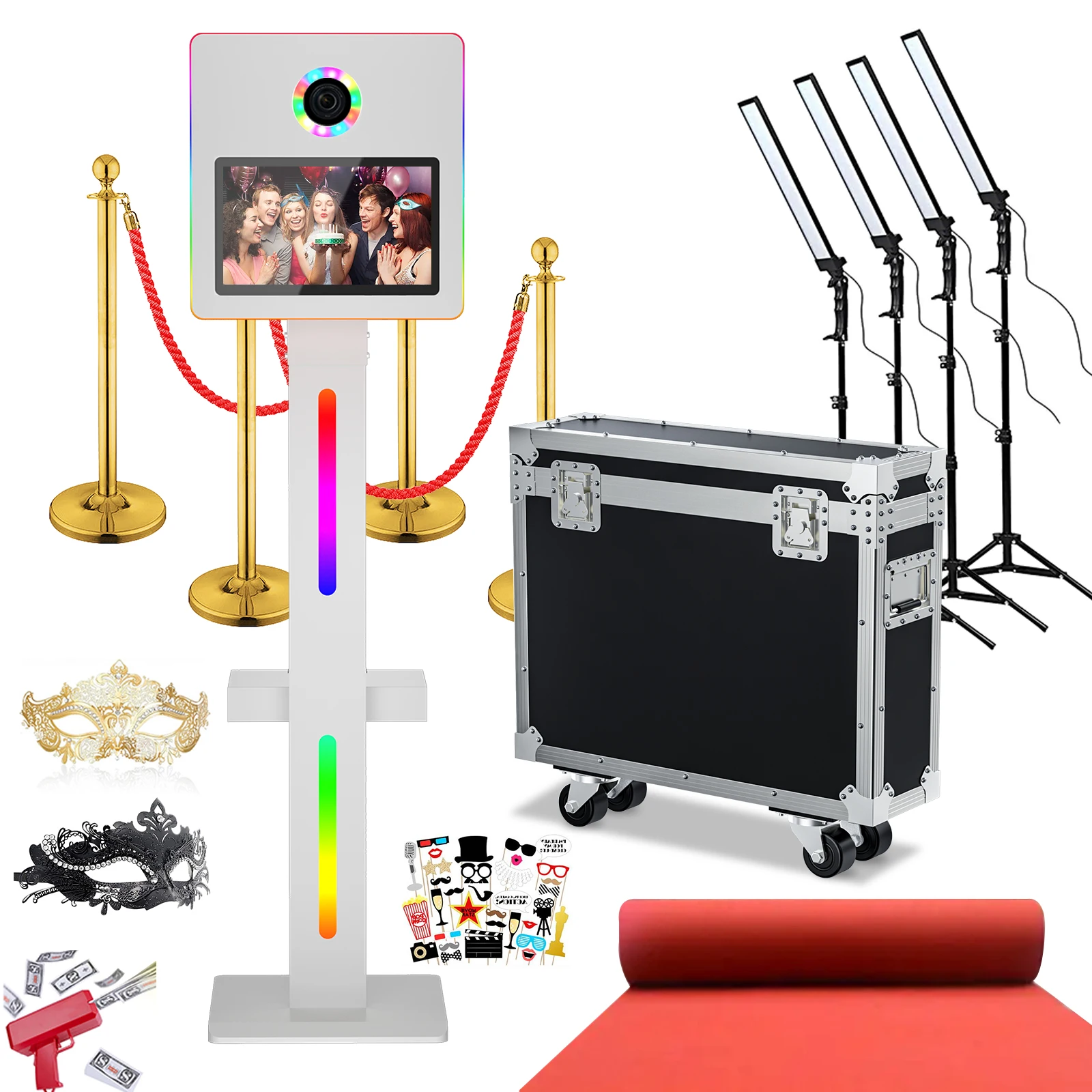 DSLR Photo Booth Machine with 15.6 inch Touch Screen Selfie Camera Photo Booth with LED Fill Lights Stanchion Posts Queue