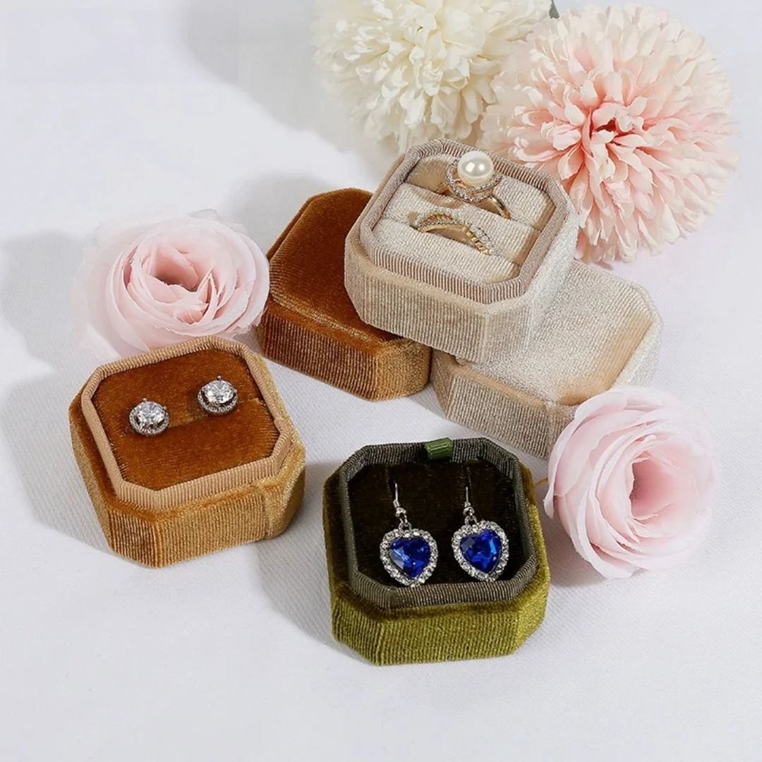 Octagon Sauare Velvet Jewelry Box Single & Double Ring Storage Box With Lid For Wedding Proposal Ring Packaging Display Gift Box