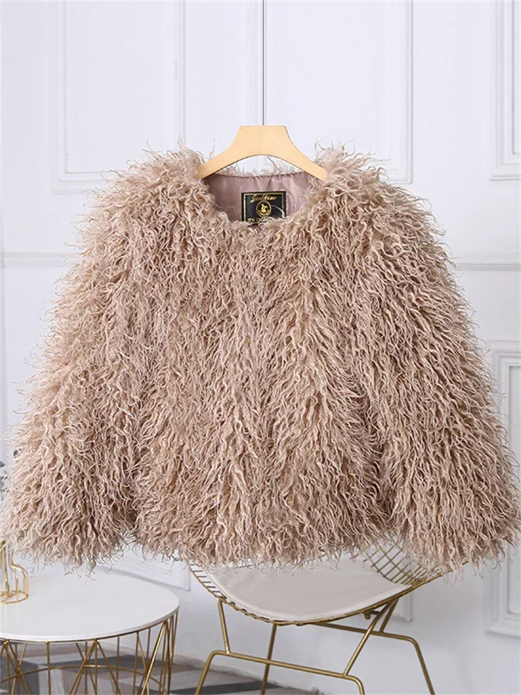 New Winter Female Fluffy Faux Fox Fur Jacket Overcoat Loose Luxury Long Sleeve High Waist Patchwork Coat Women's Outwear 2025