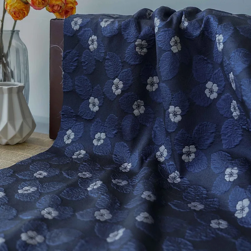 Dark Blue Flower Embossed Yarn Dyed Jacquard Fabric Women's Spring Autumn Elegant Dress Decorative Making Fabric 50cmx165cm