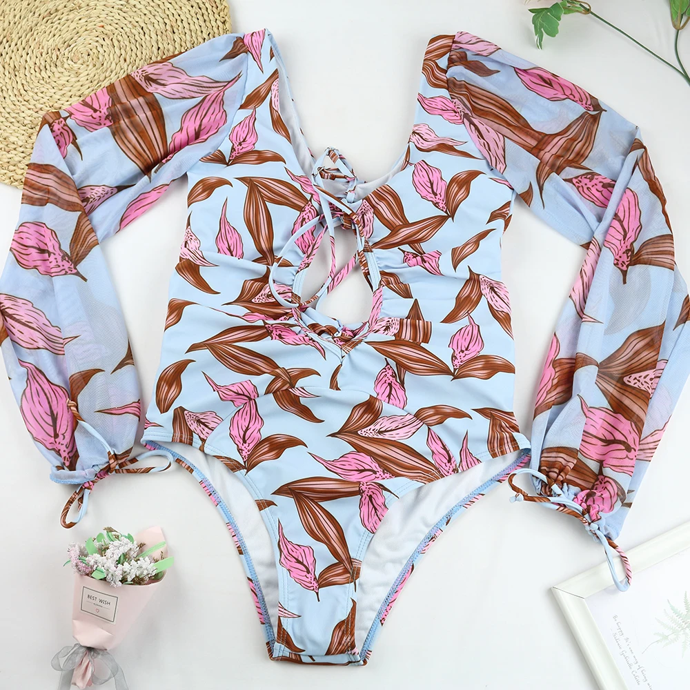 MUOLUX 2024 Summer New Sexy Gathering One piece Printed Bikini Swimwear Women\'s Long sleeved Swimwear Beach Vacation Swimsuit