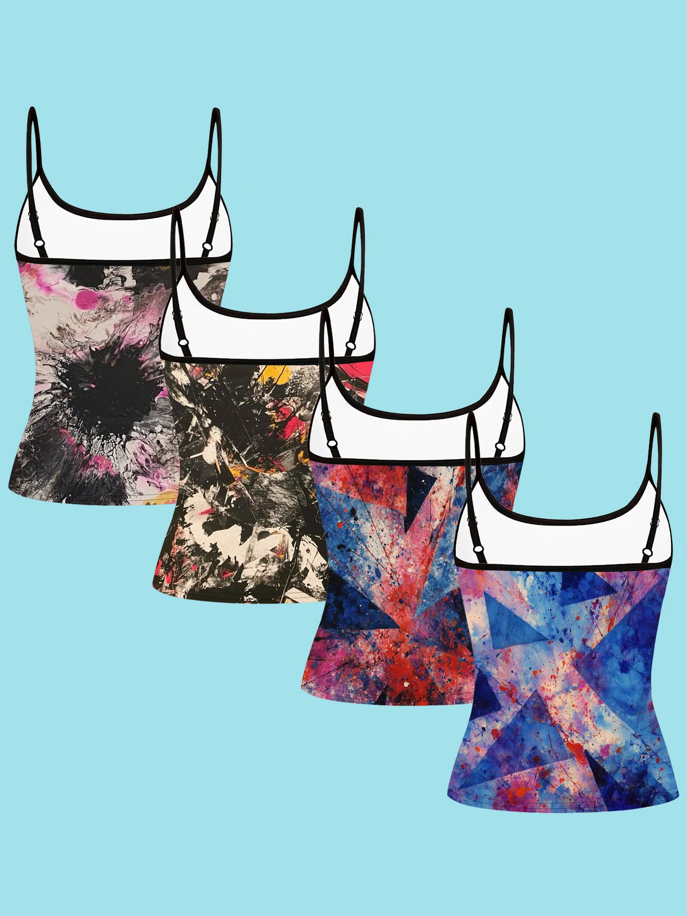 4-Piece Set of Women's Spaghetti Strap Camisoles with Abstract Geometric Art Print, Trendy and Unique, Slim Fit, Can Be Worn as an Inner Layer or Outerwear