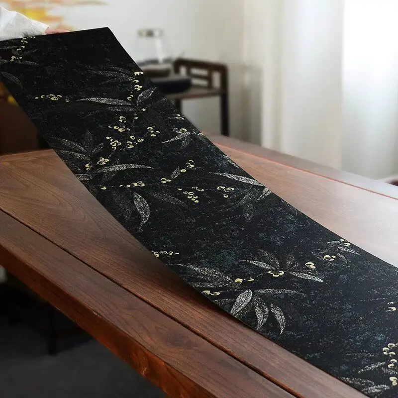 Oriental Zen Black Base Golden Bamboo Leaf Table Runner, Vintage Chinese Floral Pattern Long Table Scarf for Tea Room Dining Hom