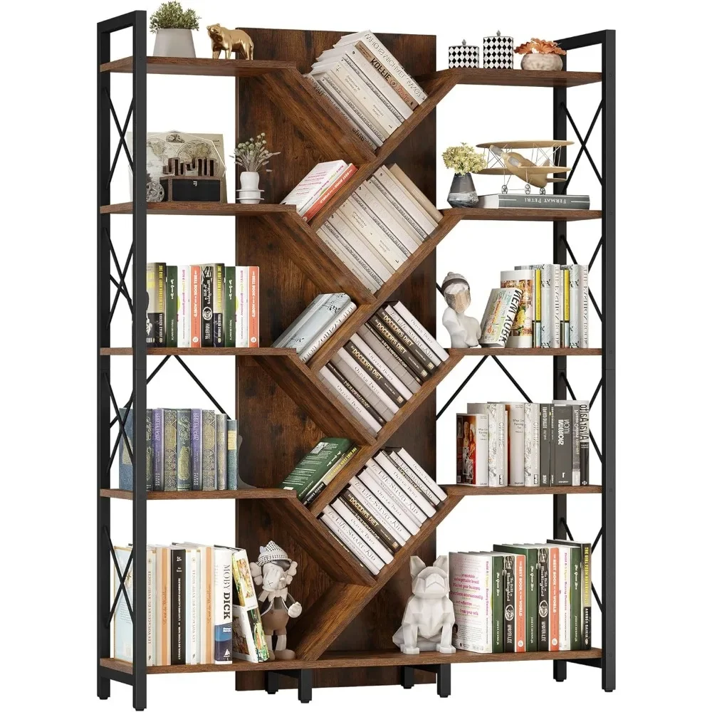 Industriële Boomboekenplank En Grote 5-Tier Boekenkast, 70.8 "H Hoge Staande Boekenplanken Organizer Display Rack