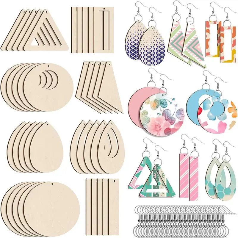 

ABKY-Wood Charms Earring Blanks 280 Pcs Unfinished Wooden Earrings Teardrop/Circle/Triangle/Rectangle Pendant Shaped