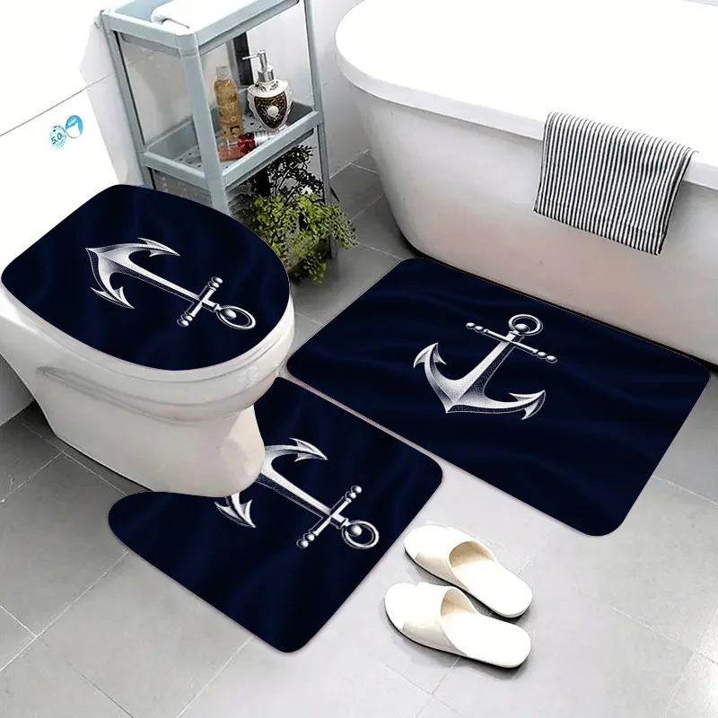 3Pcs Nautical Anchor Flannel Bath Mat Non Slip Absorbent Toilet Rug for Bathroom Kitchen Entryway Washable Home Decor