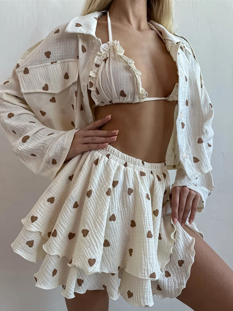 Linad Print Pajamas For Women 3 Piece Sets Loose Long Sleeve Sleepwear Female Spaghetti Strap Bra Cotton Suits With Shorts