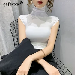 Elegant High Collar Sexy Skinny Sleeveless Basic T Shirt Vest Women 2023Summer Fashion Casual Black White Slim Tank Tops Clothes