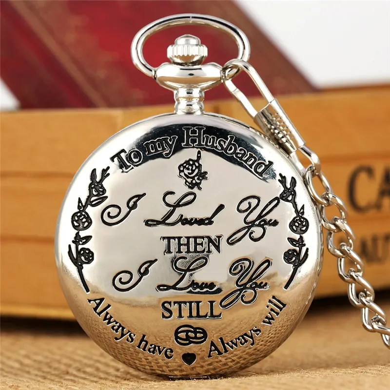 Black/silver/gold To My Husband Engraved Words Men's Analog Quartz Pocket Watch Pendant Chain Roman Number Display Ideal Gift