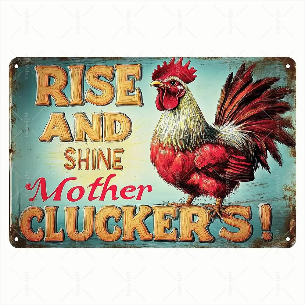 Vintage Tin Sign - Rise and Shine Mother Cluckers Red Rooster Design Retro Metal Sign - Decorative Tin Sign for Rustic Home Deco
