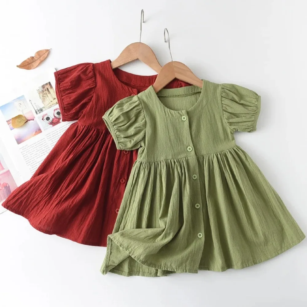 Solid Color Summer New Girls' Casual Clothes Round Neck Single Breasted Bubble Sleeve Princess Dress for Children's Daily Wear