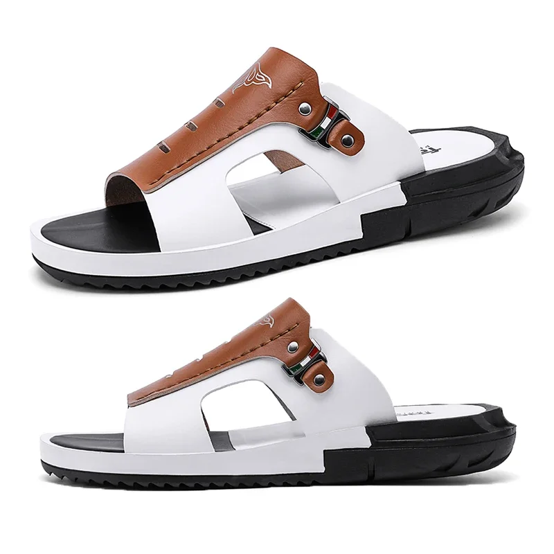 2024 Men\'s Summer Sandals Original Leather Comfortable Slip-on Casual Sandals Fashion Men Slippers Size 38-46 Zapatillas Hombre