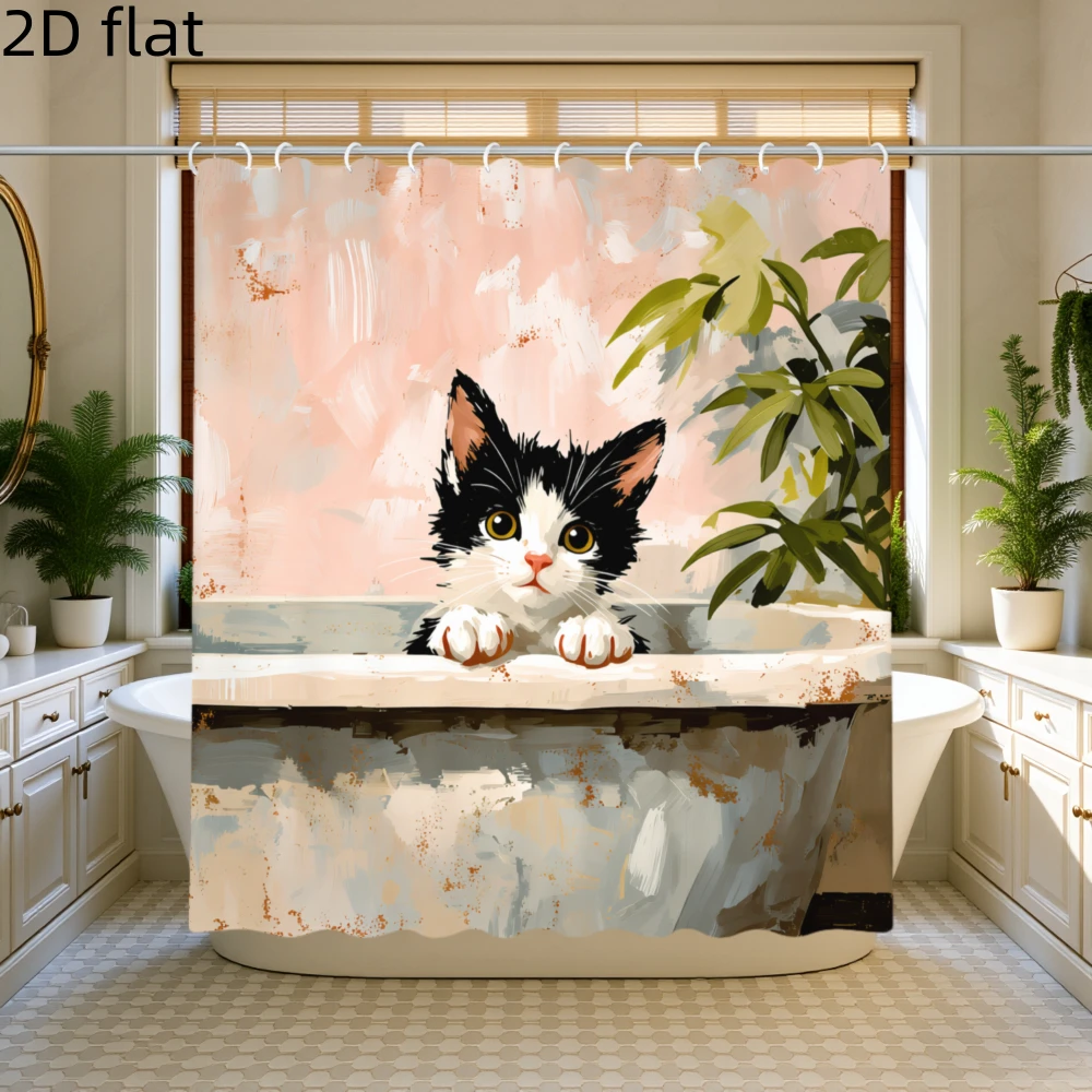 Adorable Cat Watercolor Shower Curtain Waterproof Bathroom Decor Bohemian Artistic Pet Shower Curtain Liner Polyester for Modern
