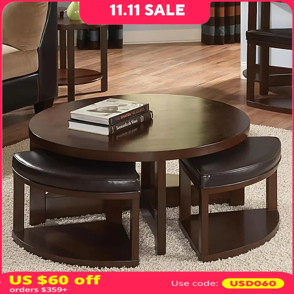 Coffee Table Set, Round Tables with 4 Upholstered Nesting Stools, Space-Saving Design, 5-Piece Coffee Table Set