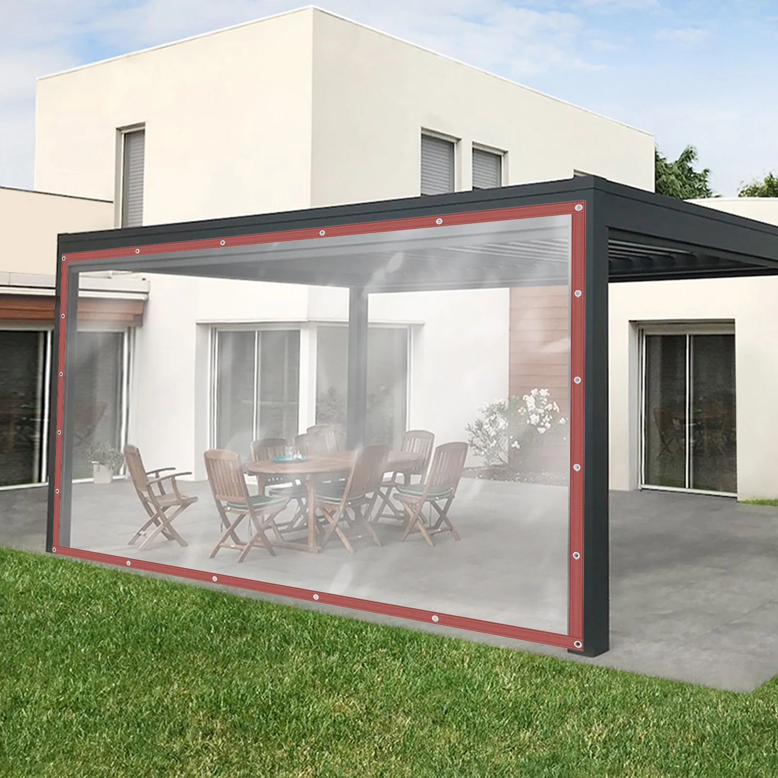 

2.5 * 5M Commercial Grade Waterproof Clear Awning PVC Canopy Roll Up Patio Enclosure Brown Edge for Canopies Rainproof Sun-Proof