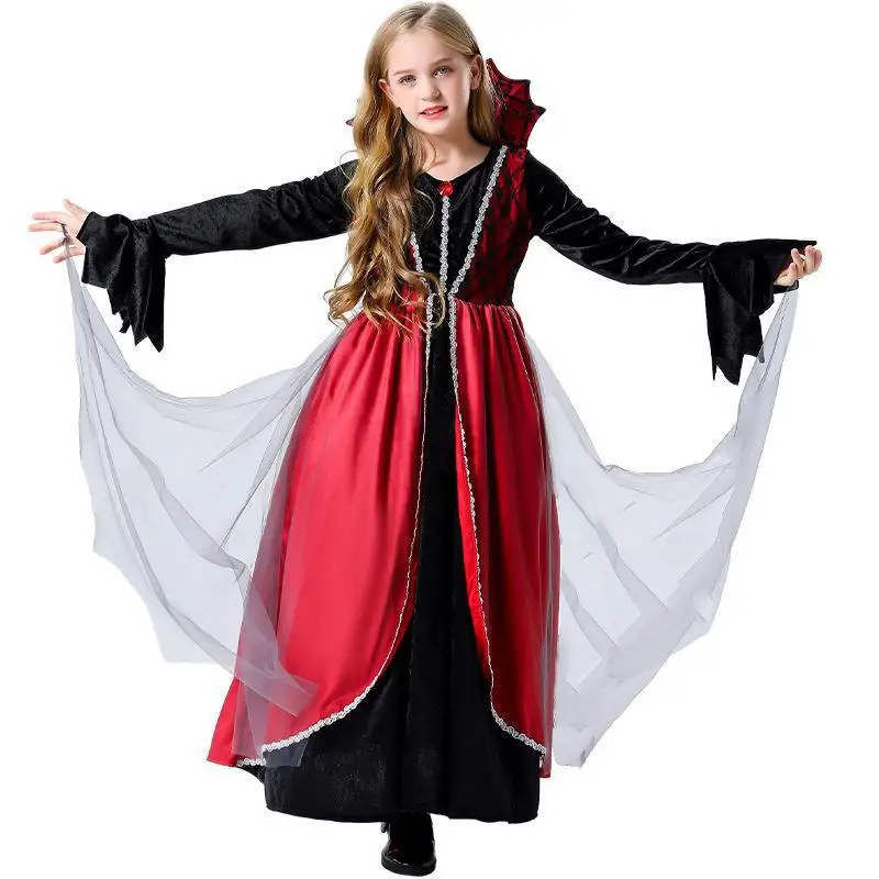 

Cosplay Vampire Halloween Carnival Outfit Dress for Girls Retro Medieval Stage Flare Sleeves Ghost Bride Gothic Costumes
