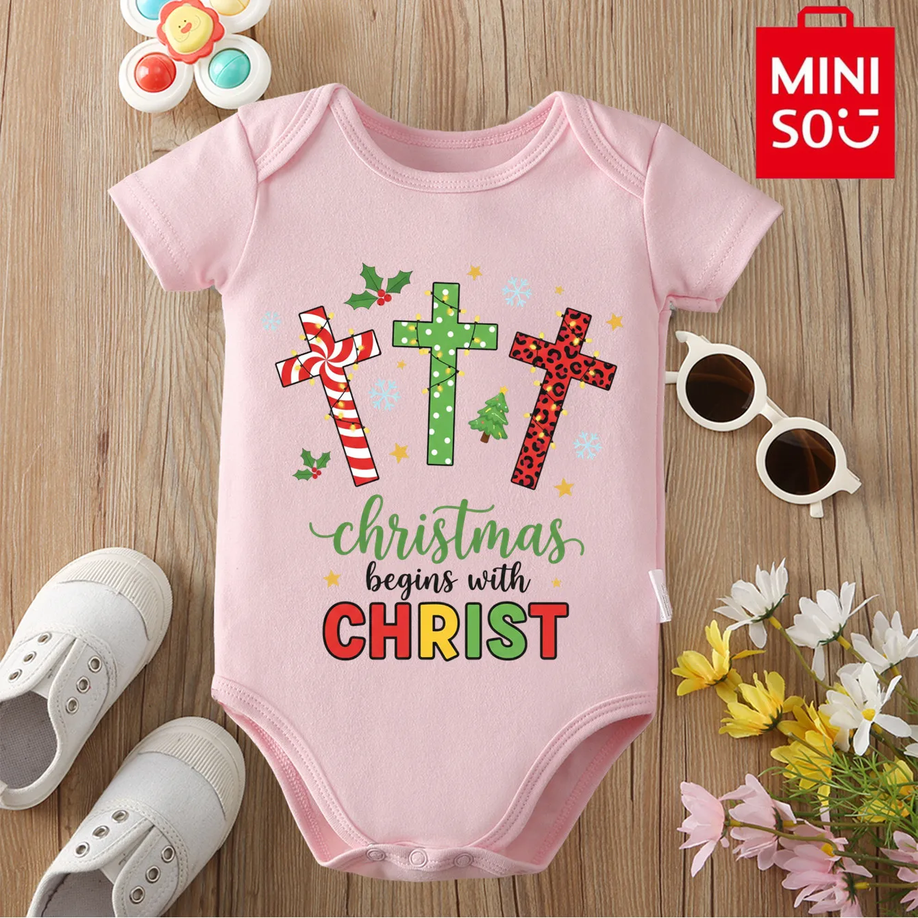 

MINISO HOHOHO First Christmas Santa Claus Cloths Onesie Pure Cotton Jumpsuit Bodysuit for 0-12 Months Newborn Best Gift for Baby