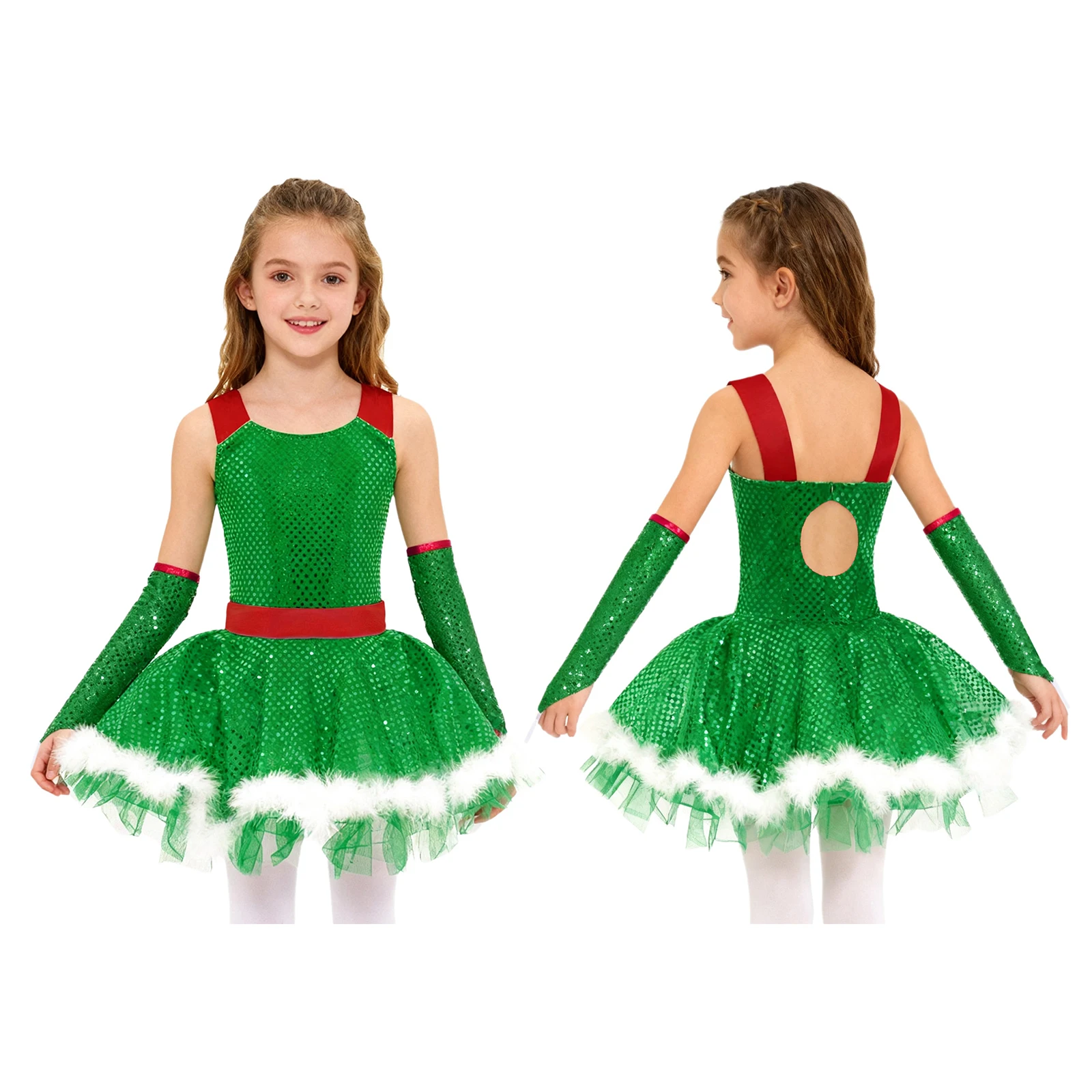 Kids Girls Christmas Shiny Sequin Ballet Dance Tutu Leotard Dress Santa Elf Costume Gymnastics Figure Skating Latin Dancewear