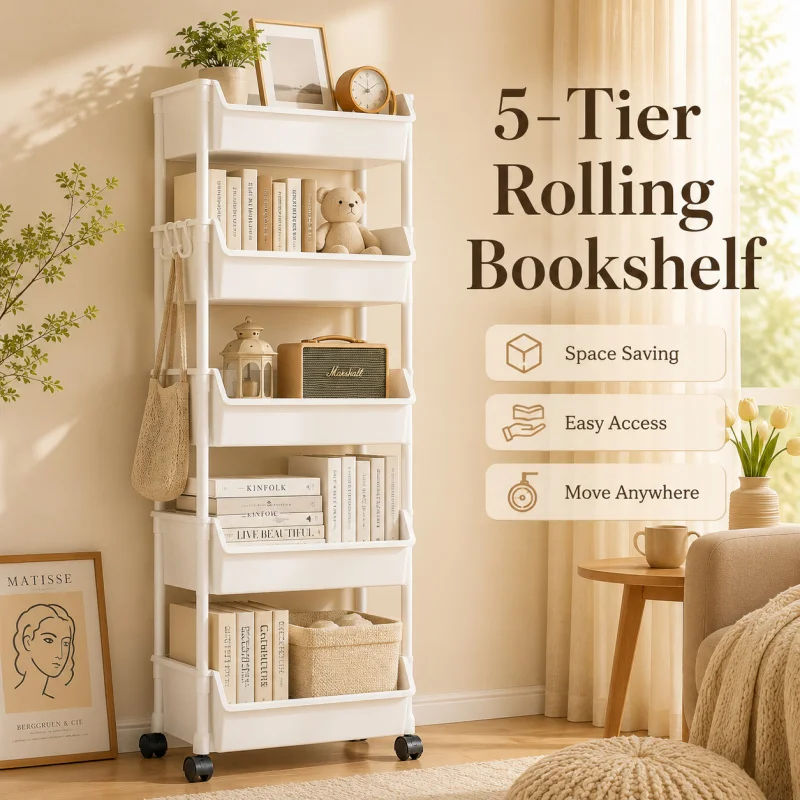 Household Living Room, Bedroom, Kitchen Small Trolley Storage Rack, Snack Floor-Standing Multi-Layer Mobile Storage Bookshelf