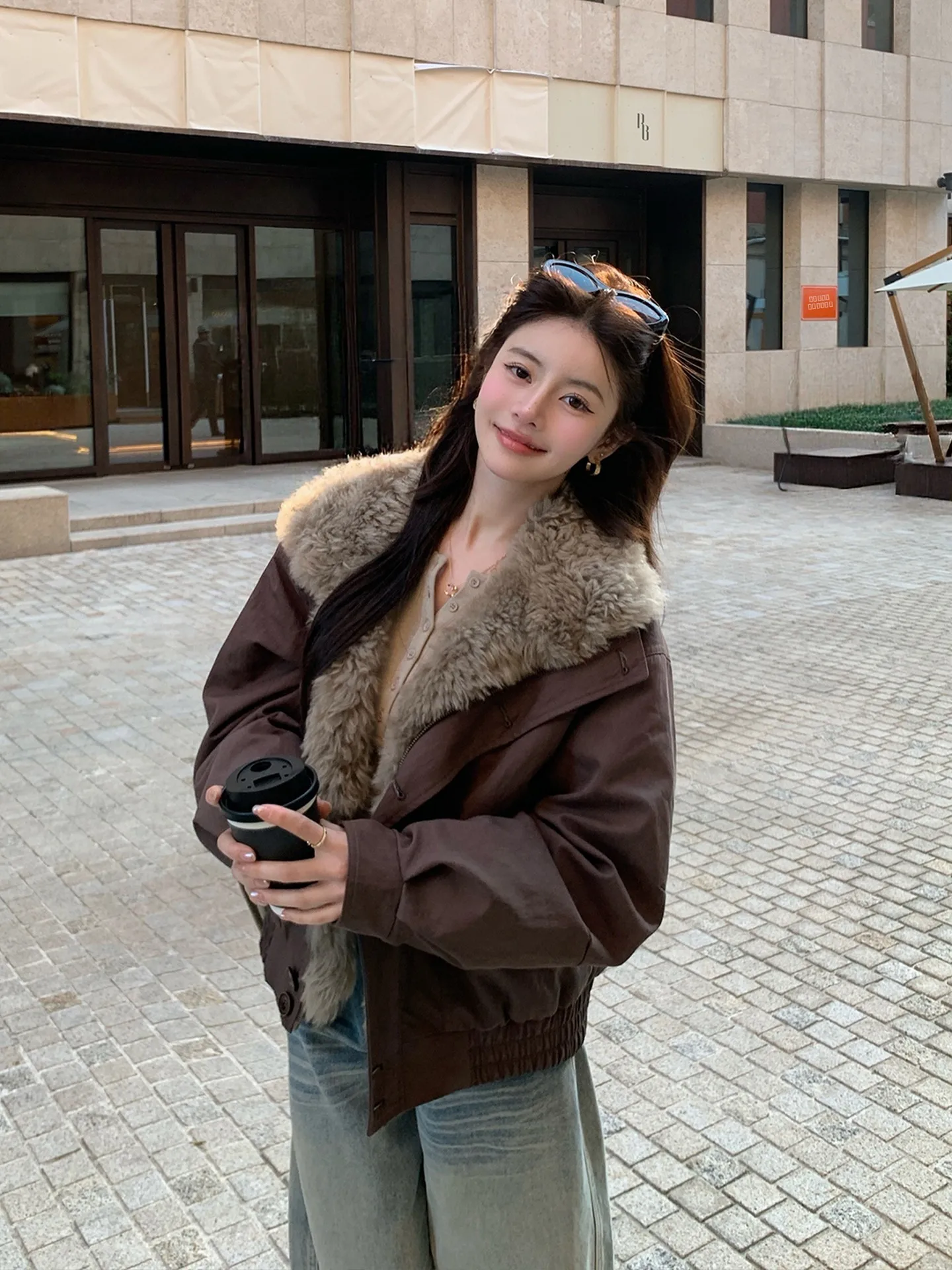 

Daisy Barnes Toscana Fur Collar Rabbit Fur Lined Parka Coat Women's Winter Warm Outerwear Long Sve Loose Fit Sle