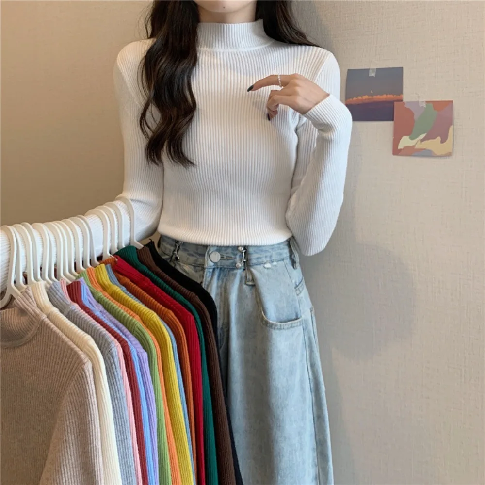 Korean Long Sleeve Women Knitted Pull Over Sweater Soft Comfortable Base Layer Knitwear Thicken Blouse Jumper Tops Autumn Winter