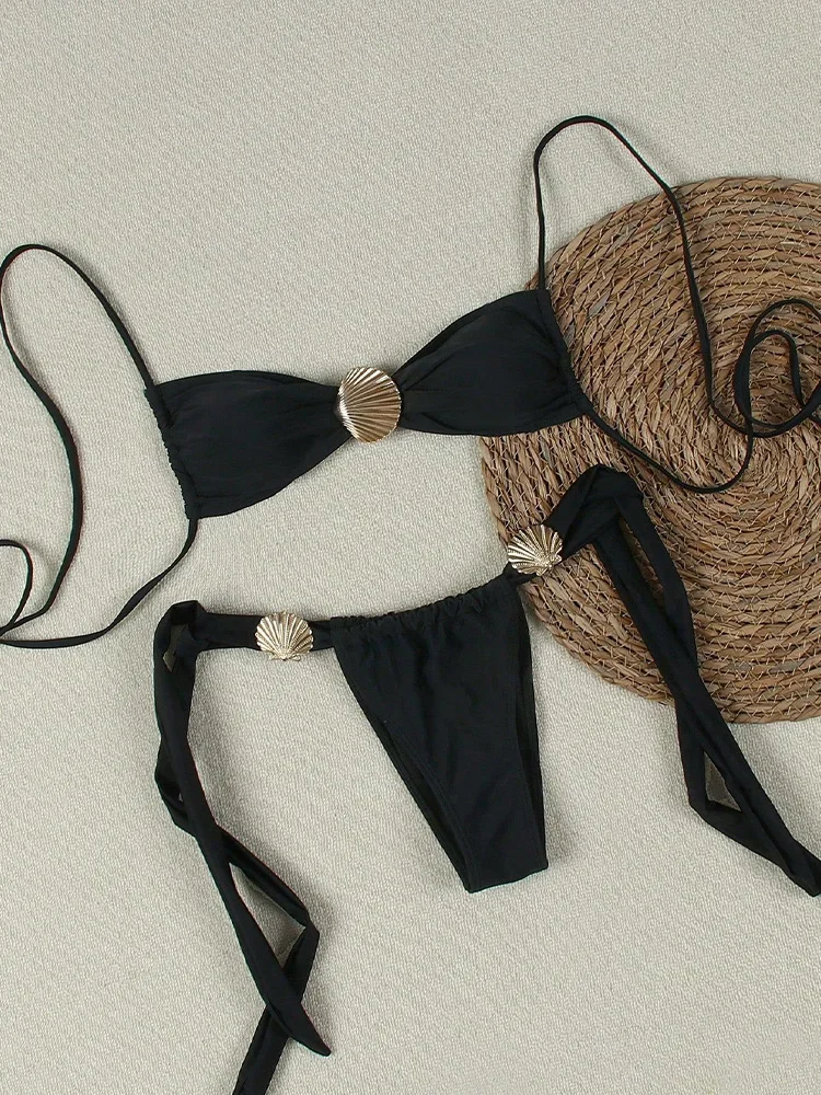 2026 Beach Bikini New Summer Bikinis Set Sexy Shell Decoration Laced Up Bikini 2 Piece Set for Women Solid Split Swimsuit